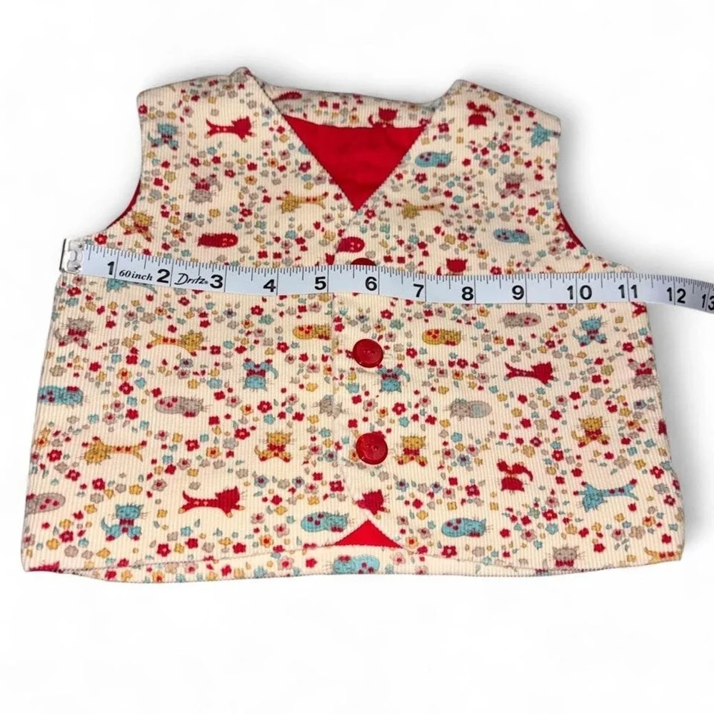 Vintage 90s Corduroy Toddler Vest 2T 3T Kitten Cat Floral Red Quilted Back Kid